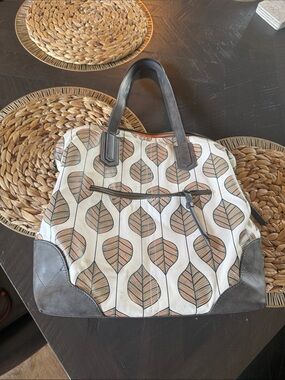 pistil Canvas Tote with Leaf Print in Cream, Brown and Tan